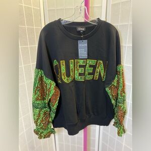 NWT OFUURE Black Sweatshirt with Colorful Patterned Sleeves